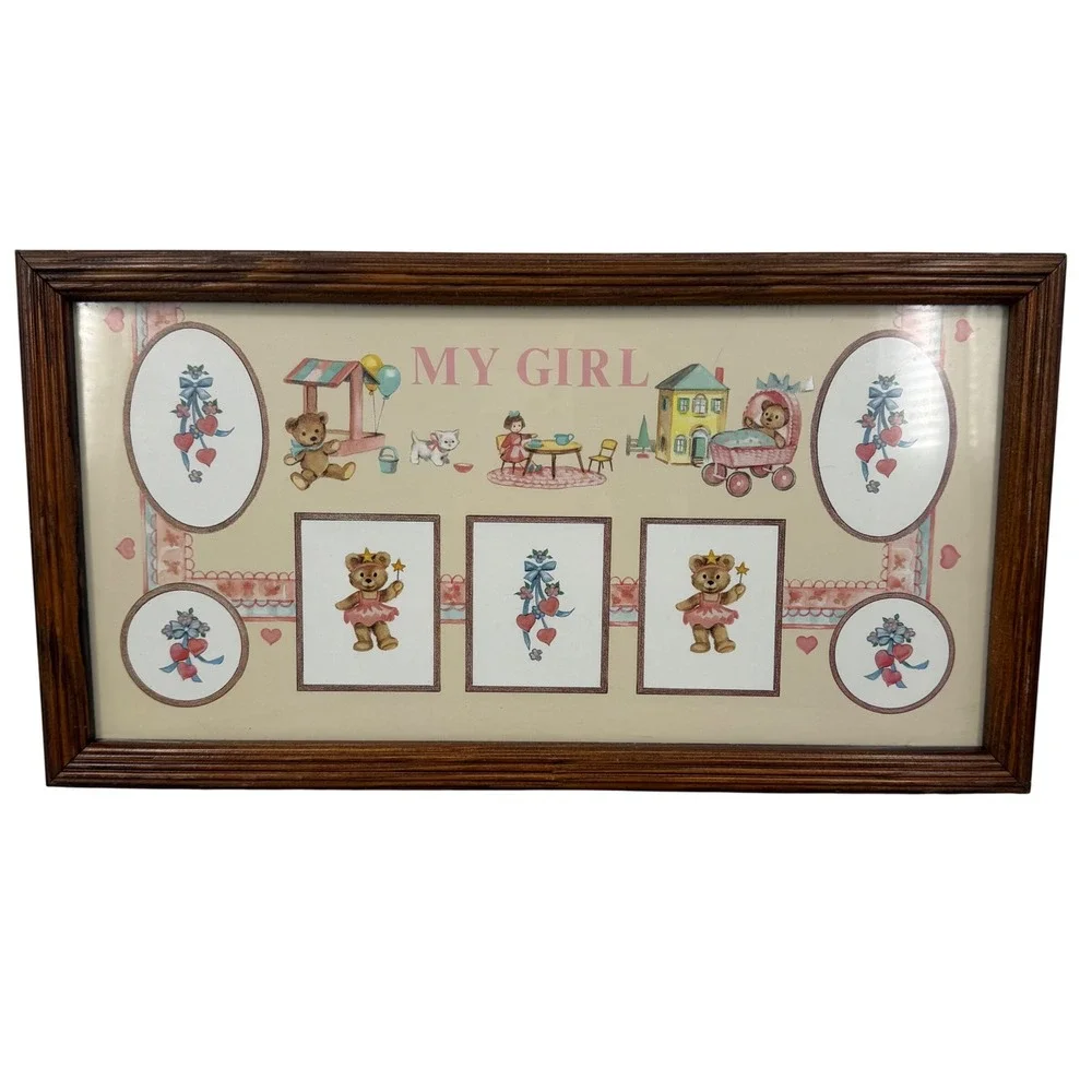 Vintage My Girl Teddy Bear Nursery Wall Art Wood Frame Glass Storybook Decor